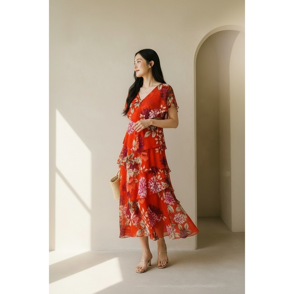 SLNY Red Floral Tiered Chiffon Midi Dress Rhinestone Brooch Womens 16